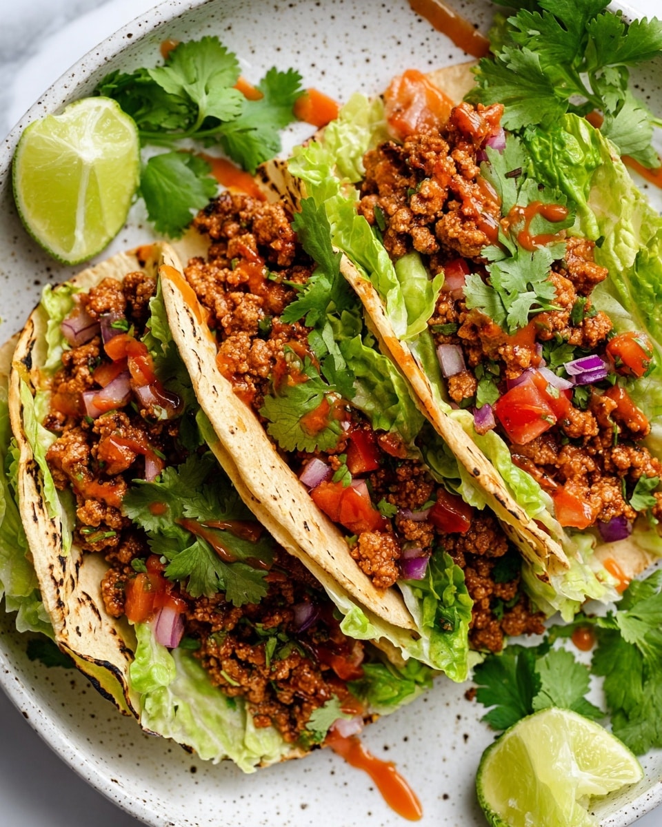A close-up view of a soft corn tortilla taco held by a woman's hand with light-colored nails, showing a three-layer filling inside: the bottom layer is crumbled cooked meat in brown tones, followed by thin slices of bright green avocado in the middle, and topped with shredded orange and white cheese mixed with small pieces of purple onion. The tortilla has a toasted texture with some dark brown spots and is folded to hold the filling. In the blurred background, a white divided serving dish contains chopped purple onions, red salsa, white sauce, and fresh green herbs, all placed on a white marbled surface. photo taken with an iphone --ar 4:5 --v 7