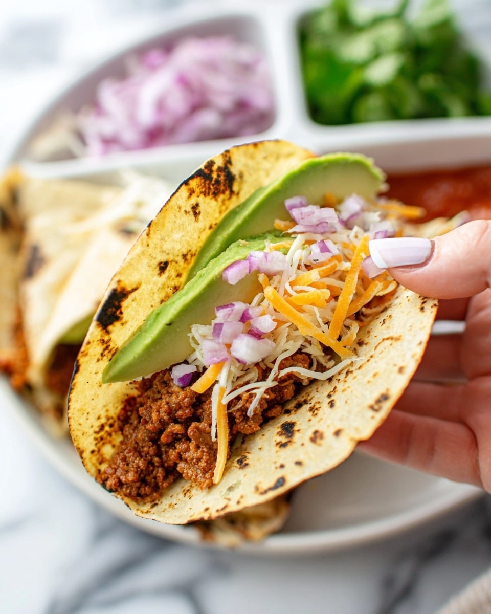 Three soft corn tortillas with light char marks are filled with three main layers. The bottom layer is fresh green lettuce leaves, followed by a generous middle layer of seasoned brown ground meat mixed with small pieces of bright red diced tomatoes and bits of purple onion. The top layer is a drizzle of reddish sauce over the meat. The tacos are placed on a white speckled plate with fresh green cilantro leaves scattered around and two lime wedges on the side. The plate rests on a white marbled surface. photo taken with an iphone --ar 4:5 --v 7