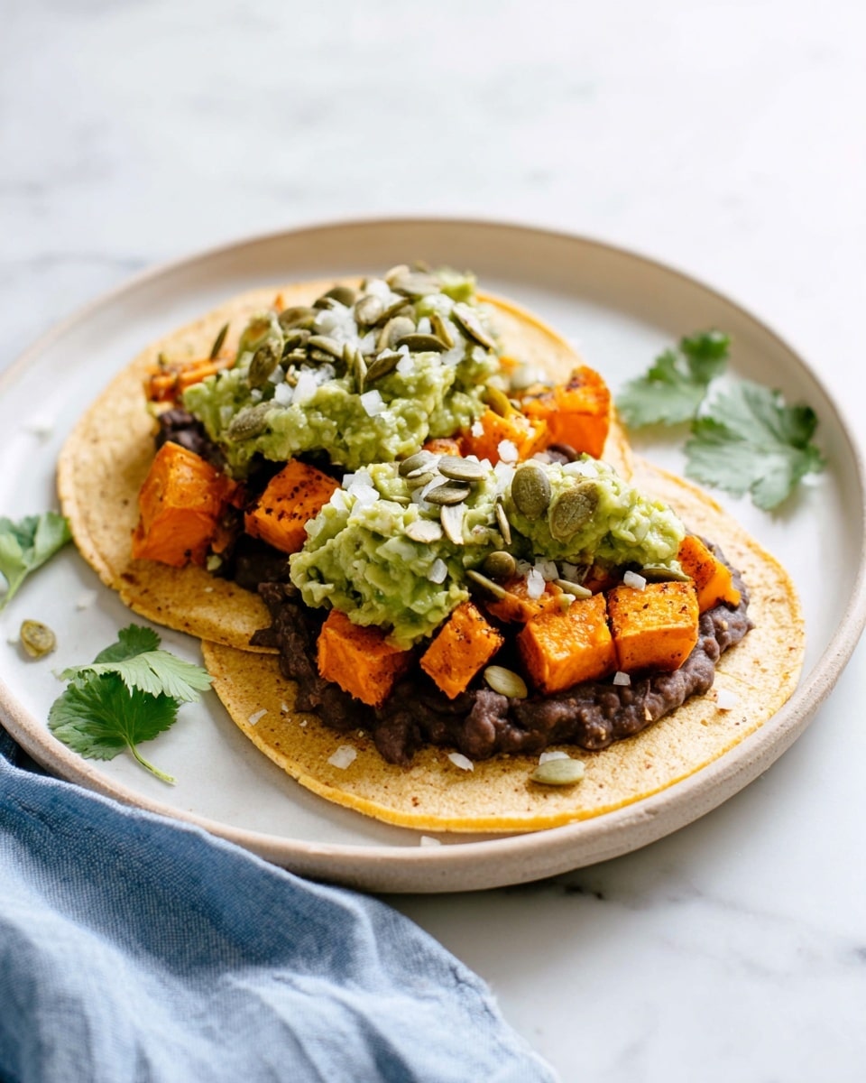 Two tacos are placed side by side on a white plate with speckled edges, set on a white marbled texture surface. Each taco has a golden, slightly toasted corn tortilla as the base. The first layer inside the taco is a spread of dark refried beans, followed by bright orange roasted sweet potato cubes with charred edges. On top of the sweet potatoes is a layer of chunky green guacamole, sprinkled with small white crumbles of cheese and light green pumpkin seeds scattered over all the layers. The tacos are garnished with a few small pieces of fresh green cilantro leaves. Photo taken with an iphone --ar 4:5 --v 7