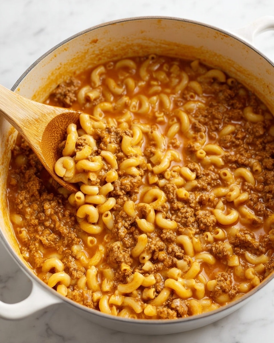 A large white pot filled with a thick mixture of elbow macaroni and ground beef in a rich, orange-brown sauce. The elbow macaroni pieces are pale yellow and soft, sitting evenly mixed throughout the pot with small chunks of browned ground beef. The sauce is smooth with a slightly oily surface, coating all the noodles and meat. A wooden spoon with a light wood tone is stirring the contents, scooping up a mix of macaroni and beef. The pot is placed on a white marbled surface, creating a clean and bright background. photo taken with an iphone --ar 4:5 --v 7