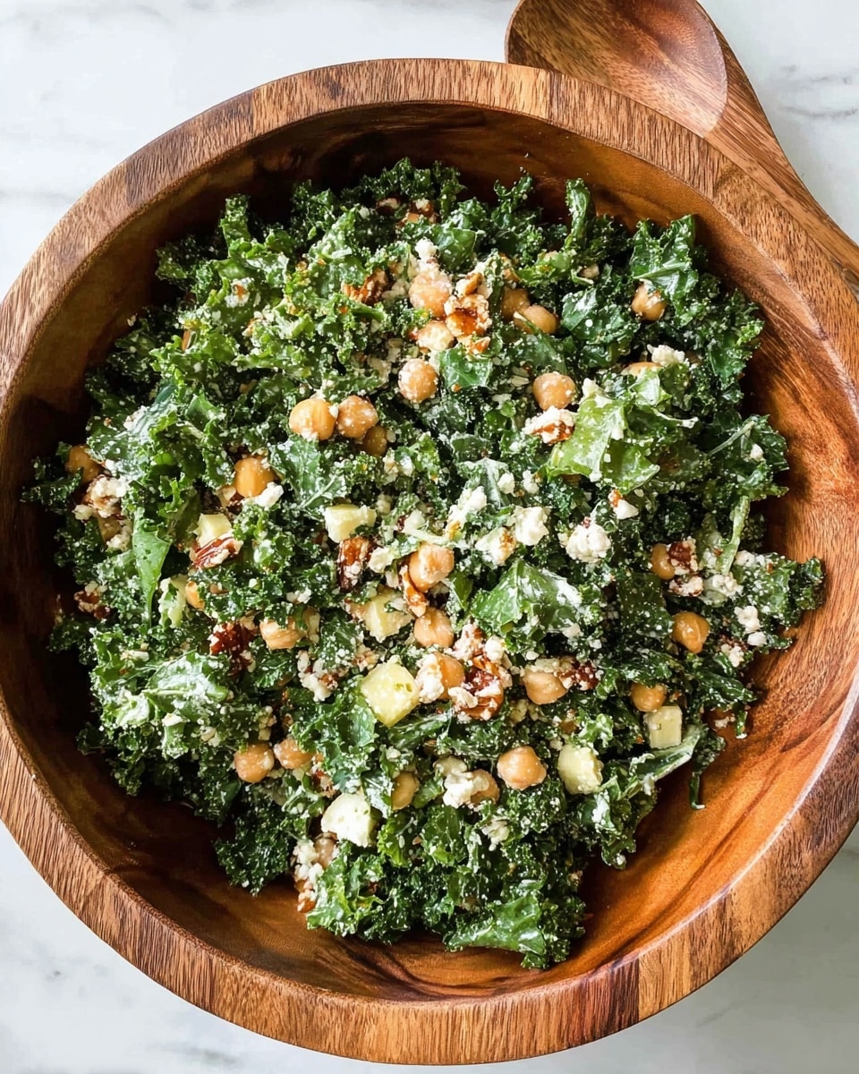 A wooden bowl filled with a fresh kale salad sits on a white marbled surface. The salad has a mix of dark green kale leaves, small chunks of light yellow cheese, chickpeas with a light tan color, and small pieces of crunchy toasty brown nuts or seeds. Bits of white crumbled cheese are scattered evenly throughout, and the ingredients are coated lightly with a creamy dressing. The wooden bowl’s rich grain contrasts with the vibrant salad inside. Photo taken with an iphone --ar 4:5 --v 7