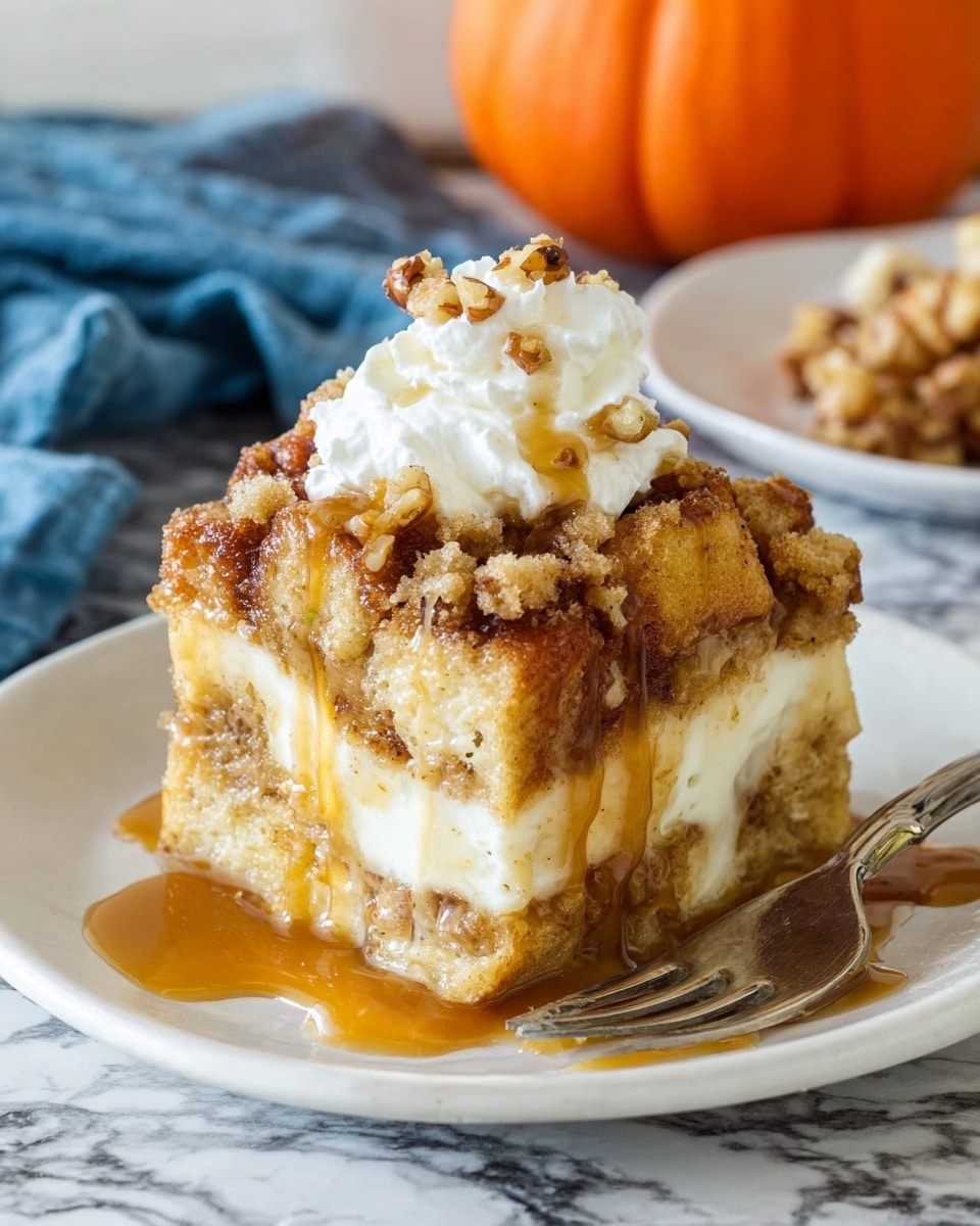 A thick square piece of layered bread pudding sits on a white plate with a fork beside it. The dessert shows multiple layers of soft, golden-brown bread soaked in a creamy cinnamon sauce, with a crumbly, light brown streusel topping scattered with small nut pieces. A generous dollop of white whipped cream is placed on top, drizzled with a shiny, golden caramel sauce that runs down the sides onto the plate. The background features a small orange pumpkin and a blue cloth on a white marbled surface. Photo taken with an iphone --ar 4:5 --v 7
