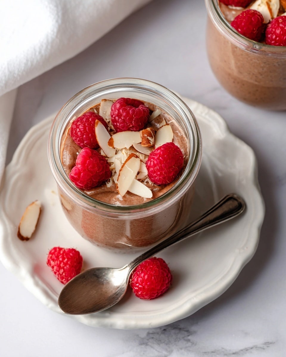 This image shows a glass jar filled with a chocolate creamy dessert mixed with small oats, topped with bright red raspberries and thin almond slices. The jar is placed on a white scalloped plate, next to a silver spoon resting on the plate. Around the jar and plate, there are a few more fresh raspberries scattered on a white marbled surface. A second jar of the same dessert is partly visible in the top right corner. Photo taken with an iphone --ar 4:5 --v 7