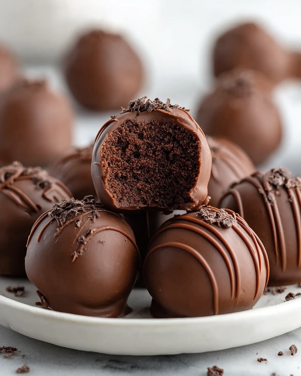 There are several round chocolate truffles arranged in a white plate on a white marbled surface, with one truffle in the middle on top showing a bite taken out of it, revealing a dense, dark brown, slightly crumbly interior. The truffles have a smooth, shiny chocolate coating, decorated with thin drizzles of chocolate on some of them and small chocolate crumbs on the tops. The background is softly blurred with more truffles visible but out of focus. photo taken with an iphone --ar 4:5 --v 7