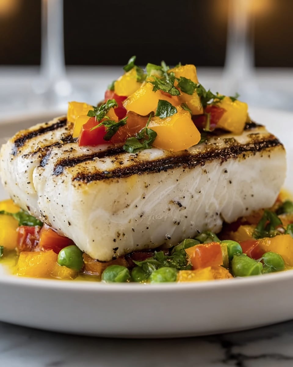 A thick, grilled piece of white fish with clear black grill marks sits in the center of a white plate, with its outer edges slightly browned and seasoned with black pepper. On top of the fish, there is a small pile of yellow and red diced bell peppers mixed with chopped green herbs. Surrounding the fish at the base, a colorful bed of diced yellow and red bell peppers, green peas, and chopped green herbs creates a vibrant border. The plate is placed on a white marbled surface, and the background is blurred out. Photo taken with an iphone --ar 4:5 --v 7