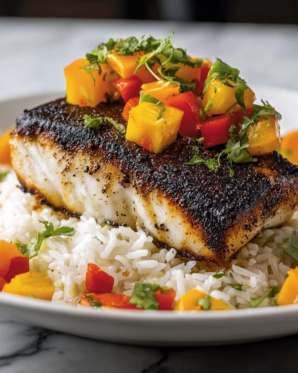 A thick, grilled white fish fillet with a charred, dark brown crust sits on a bed of fluffy white rice. The rice is studded with small pieces of bright red and yellow bell peppers and chopped green herbs. On top of the fish, there are small cubes of yellow and red peppers garnished with green herbs, adding a pop of fresh color. The dish is served on a white plate set on a white marbled surface. Photo taken with an iphone --ar 4:5 --v 7