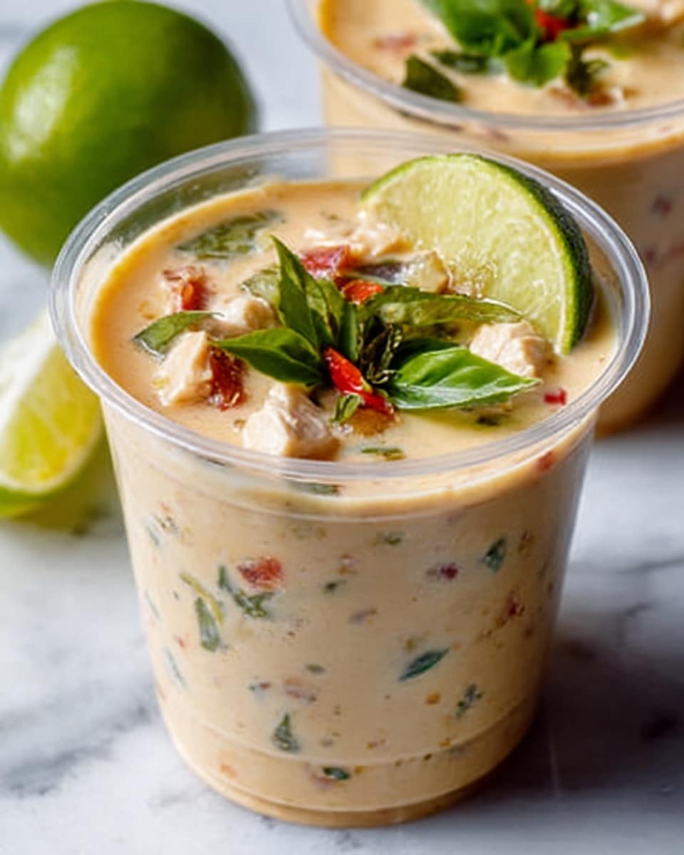 The image shows a clear plastic cup filled with a creamy soup that has a light beige color with visible bits of green herbs and red pieces mixed evenly throughout. On top, there are chunks of white chicken, bright green leaves, and small red chili slices, arranged to create a fresh and colorful garnish. A wedge of lime rests on the edge of the cup, adding a touch of bright green. The cup is placed on a white marbled surface, with another similar cup slightly blurred in the background. The overall look is fresh and appetizing. Photo taken with an iphone --ar 4:5 --v 7
