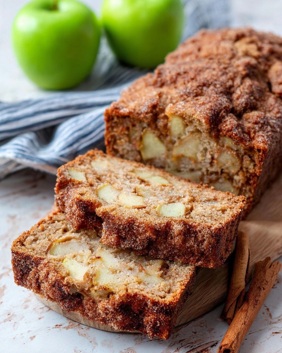 The image shows a loaf of apple cinnamon bread with two slices cut. The bread has a golden-brown crust with a grainy sugar coating on top, creating a rough texture. Inside, the bread looks soft and dense, with chunks of light beige apple pieces and a slightly speckled cinnamon swirl throughout. The loaf and slices rest on a wooden surface, with two green apples, a cinnamon stick, and a blue and white striped cloth blurred in the background. The photo is taken on a white marbled texture. photo taken with an iphone --ar 4:5 --v 7