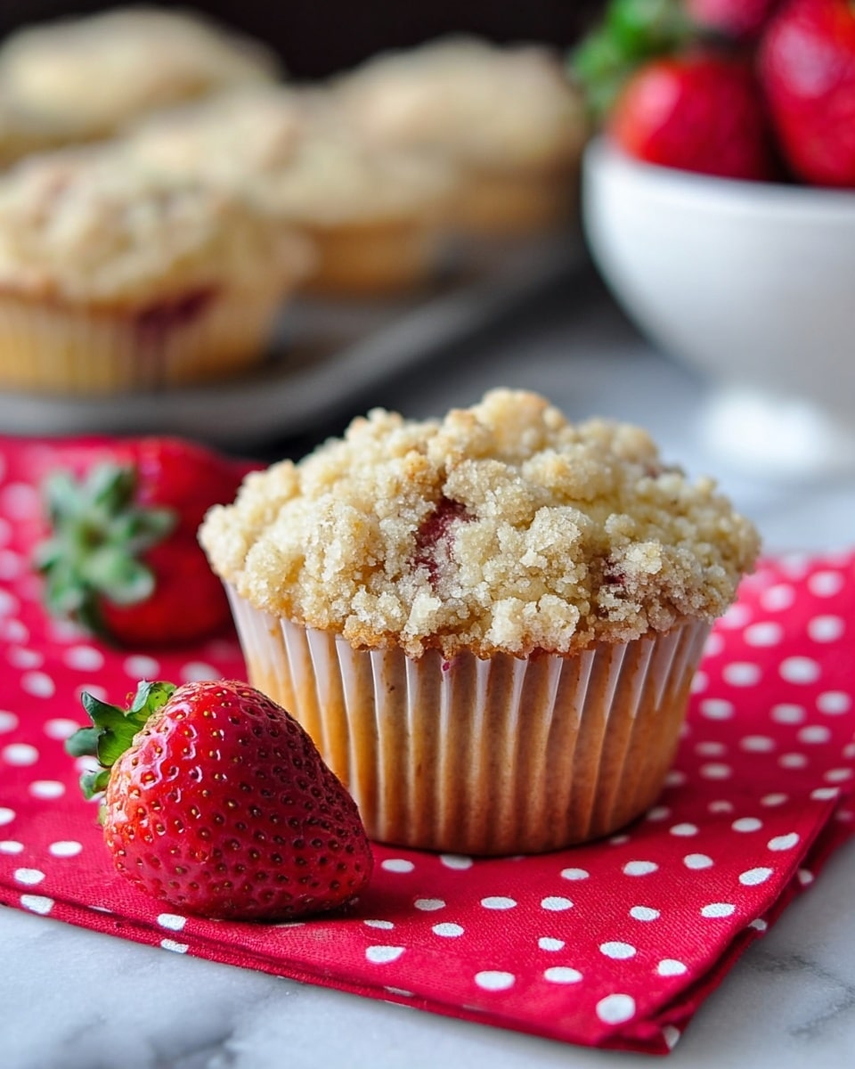 A close-up of a single muffin with a crumbly, light golden streusel topping covering the top evenly. The muffin base is a light brown color with visible red strawberry bits inside, peeking through the muffin paper cup, which is light beige with vertical ridges. The muffin sits on a bright red cloth with large white polka dots, placed on a white marbled surface. In front of the muffin, there is a fresh strawberry with green leafy top. In the background, more muffins with similar crumbly tops are slightly out of focus on a tray, and to the right, part of a white bowl with whole strawberries is visible. photo taken with an iphone --ar 4:5 --v 7