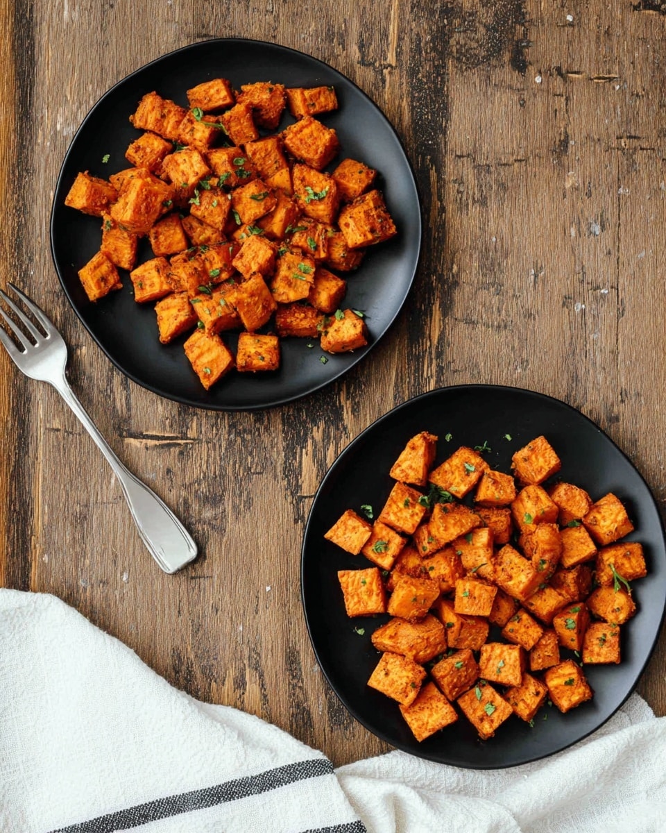 Two black plates filled with small, orange, roasted sweet potato cubes that have a slightly crispy texture, scattered with tiny green herb pieces on top. The plates are placed on a rustic wooden surface with visible grain and chipped paint. To the left of the lower plate, there is a silver fork, and on the bottom right corner, part of a white cloth with thin black stripes is visible. The overall setting is simple with a warm, natural feel. photo taken with an iphone --ar 4:5 --v 7