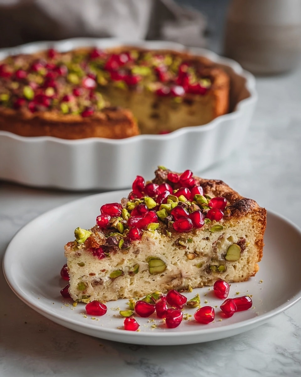 A round, thick baked dish with a golden brown top layer filled with a grainy, light beige inside, sliced to show the soft, moist texture. The top is scattered with bright red, shiny pomegranate seeds and small pieces of green nuts, adding a colorful contrast. The dish sits in a white fluted ceramic baking dish on a white marbled surface. Some pomegranate seeds have fallen inside the cut slice and around the edge. In the background, a white bowl holds more pomegranate seeds, slightly out of focus. photo taken with an iphone --ar 4:5 --v 7