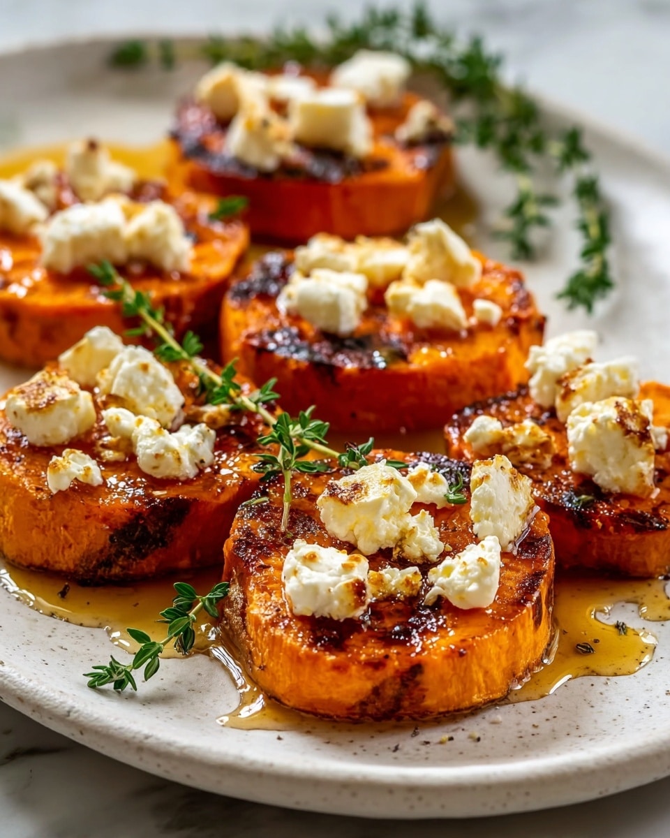 The image shows several thick, round slices of roasted orange sweet potato arranged in a slightly scattered manner on a white plate with a white marbled texture. Each slice has a golden-brown charred surface, giving it a crisp texture. On top of every sweet potato slice, there are small, uneven chunks of soft white cheese that add a creamy texture. Light golden honey or syrup drizzles over the slices, pooling slightly around the base. Small sprigs of fresh green thyme are placed on and around the slices, adding a pop of color and freshness. The overall setup sits against a white marbled surface, creating a clean and bright background. photo taken with an iphone --ar 4:5 --v 7