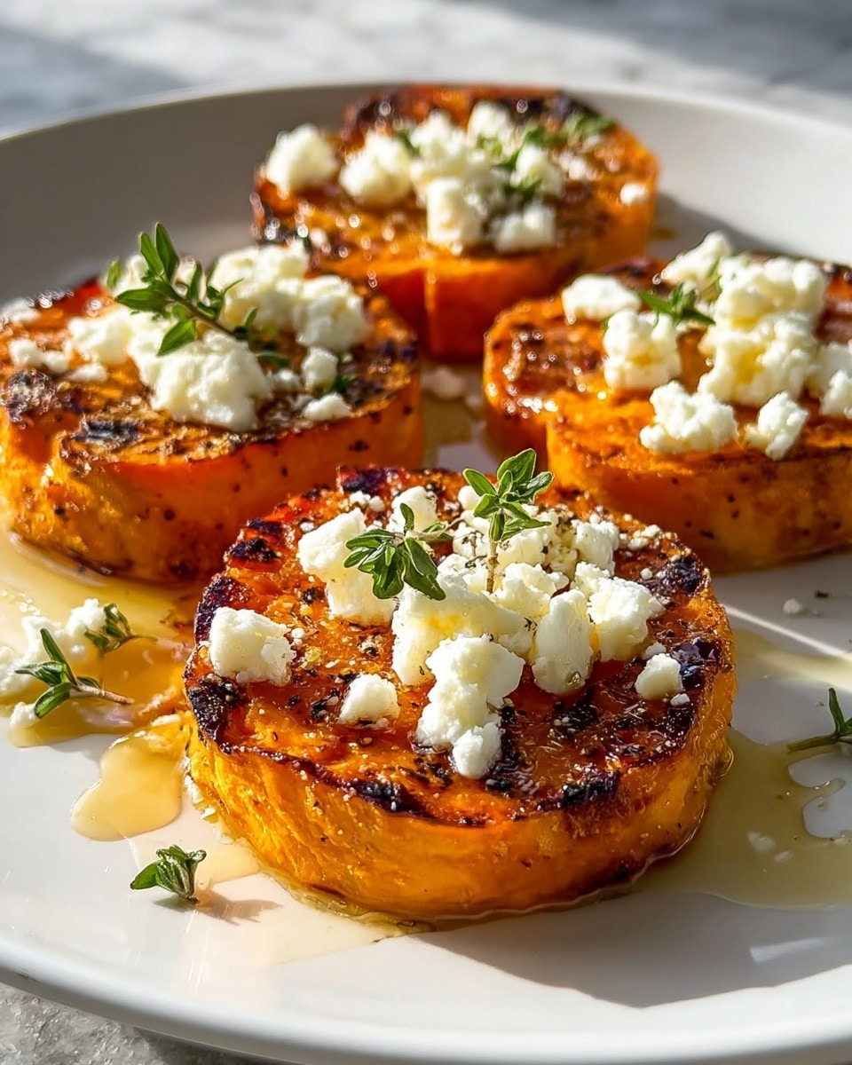 Four round slices of roasted orange sweet potato are arranged on a white plate with a white marbled textured surface underneath. Each slice has a slightly charred and crispy outer edge with a soft inside. On top of each slice is a layer of crumbled white cheese, sprinkled unevenly. Small green herb sprigs, likely thyme, are placed on the cheese and scattered around the plate. A thin amber-colored sauce or honey is drizzled around and on some of the sweet potato slices, adding a glossy shine. The light hits the dish from the side, enhancing the warm colors and textures. Photo taken with an iphone --ar 4:5 --v 7
