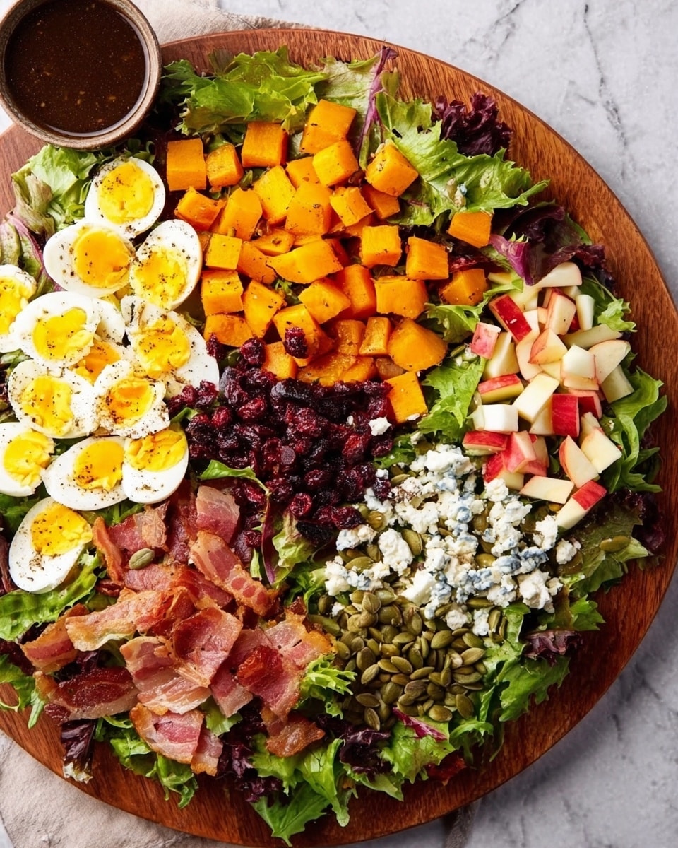 A large wooden round plate holds a colorful salad arranged in distinct sections. The bottom layer is mixed green leafy lettuce varied in textures and shades. Above the greens, there are bright orange roasted butternut squash cubes spread in two clusters. Hard-boiled eggs cut into halves with yellow yolks and white edges are lined near the top right. Crispy bacon strips stack in the middle right part below the eggs. Small white crumbles of cheese are scattered evenly over the salad. Small reddish dried berries fill the bottom left area. Red and white cubed apple pieces sit on the top right near the eggs. Green pumpkin seeds are sprinkled across the salad. A small bowl with dark brown dressing sits on the white marbled surface beside the plate. The overall image is bright, fresh, and colorful, photo taken with an iphone --ar 4:5 --v 7