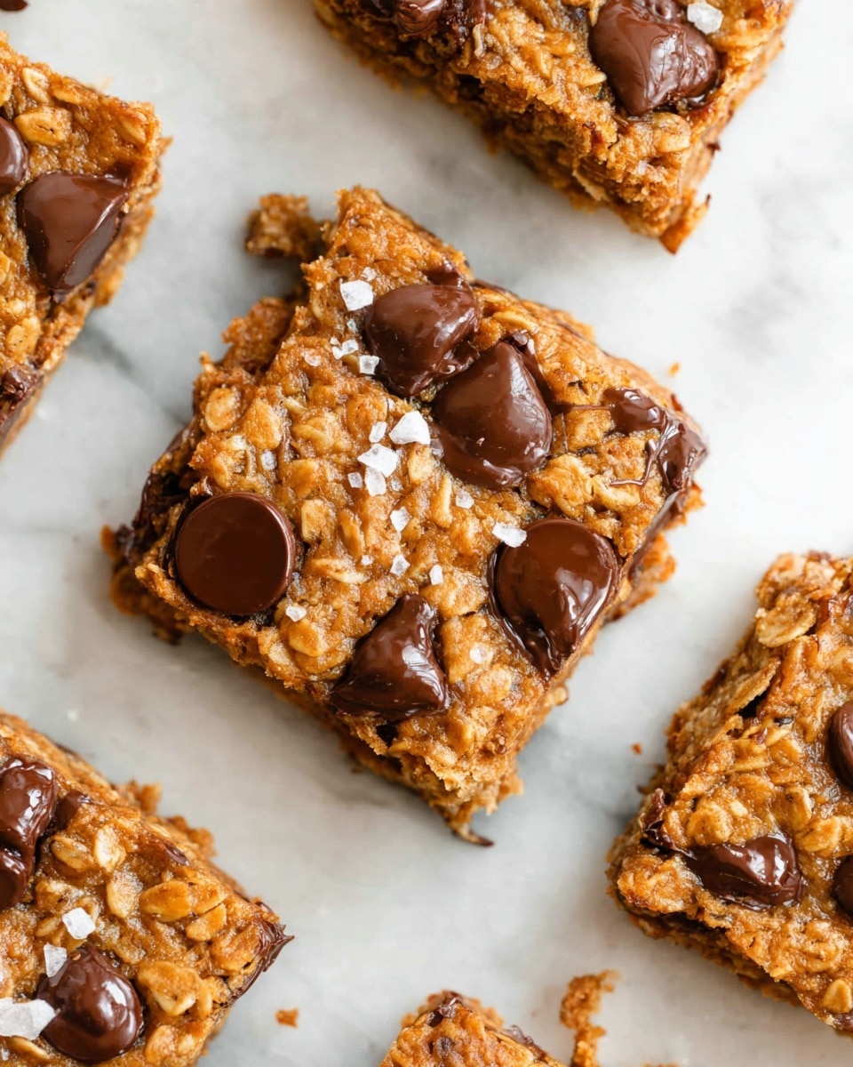 The image shows several square oatmeal chocolate chip bars placed on a white marbled surface. Each bar has a golden-brown color with a rough texture from the oats, and large, glossy dark brown chocolate chips are scattered on top, some slightly melted. There are small flakes of white sea salt sprinkled unevenly across the bars, adding contrast. The edges of the bars are slightly crisp and irregular, while the inside looks soft and chewy. The bars appear thick, about one layer, with no additional layers visible. photo taken with an iphone --ar 4:5 --v 7