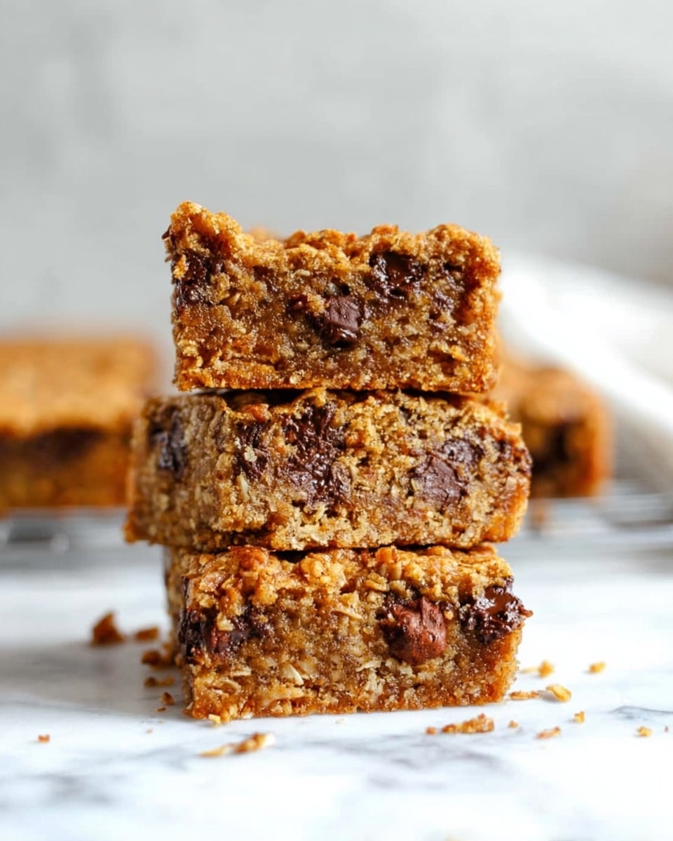 The image shows a stack of three thick, square oatmeal chocolate chip bars with a rough, crumbly texture. Each bar is golden brown with visible dark chocolate chunks that are partially melted and embedded throughout the bars. The top bar is slightly offset, revealing the moist and chewy interior filled with oats and chocolate pieces. The bars rest on a white marbled surface with small crumbs scattered around, and a soft focus in the background keeps the attention on the bars. photo taken with an iphone --ar 4:5 --v 7