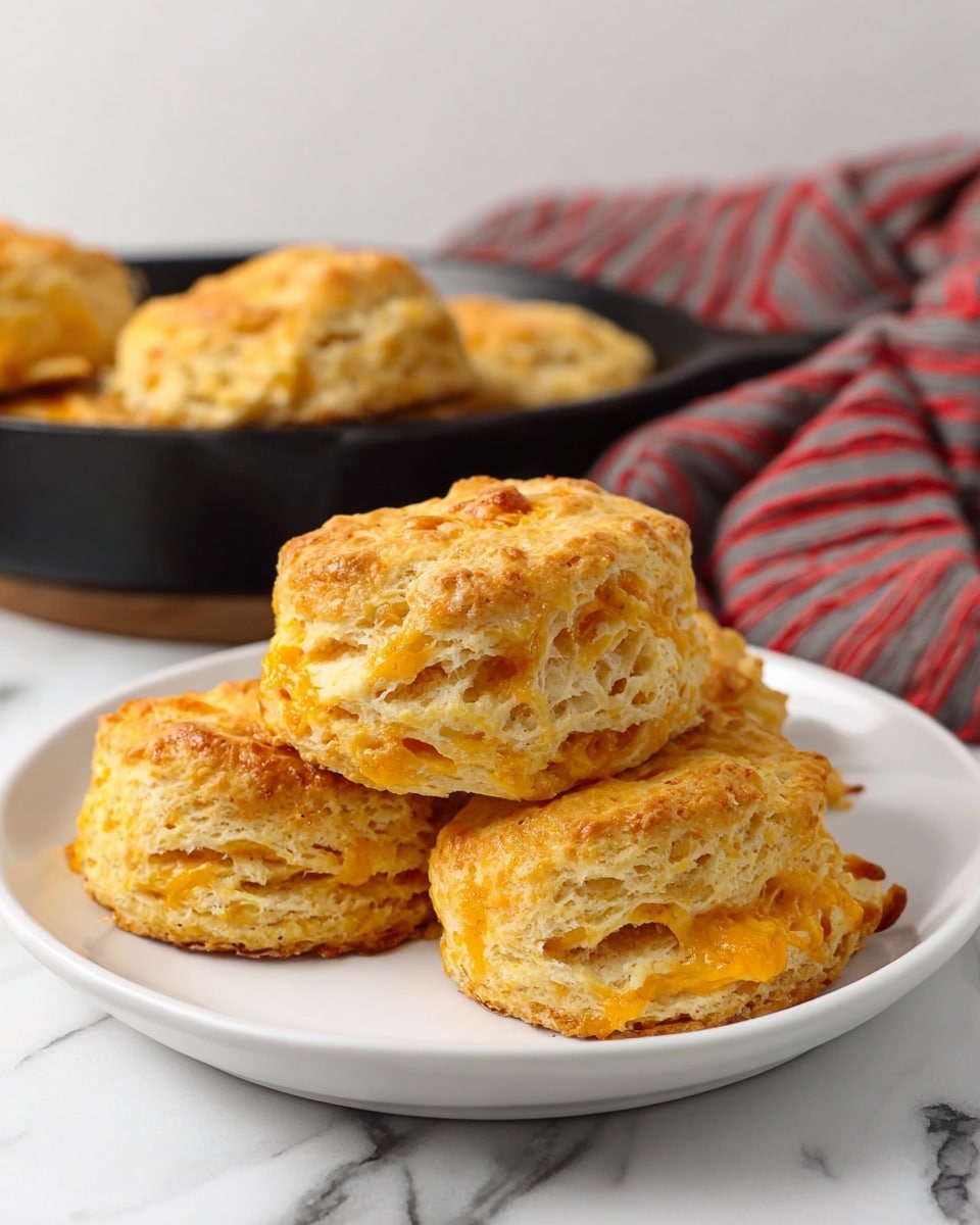 The image shows a black cast iron skillet filled with seven golden brown biscuits, each with a fluffy, uneven texture and a slightly crispy top layer. The biscuits are stacked each with two main layers: a soft biscuit dough outer layer and a middle layer of melted orange cheese visible around the edges. The biscuits are close together, filling the skillet, and the skillet is placed on a white marbled surface with a red and white striped cloth partially under it. The overall color tones are warm yellows and oranges with light browning. Photo taken with an iphone --ar 4:5 --v 7