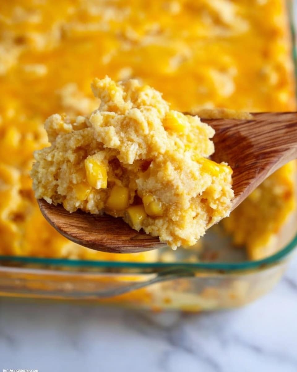 A close-up view of a wooden spoon holding a scoop of a thick, cheesy corn casserole with a rough texture, showing bits of melted yellow cheese and corn pieces mixed with a soft, light beige base. Beneath the spoon is a clear glass baking dish filled with the same casserole, showcasing its uneven, golden-yellow surface with melted cheese spread throughout. The background is a white marbled texture. photo taken with an iphone --ar 4:5 --v 7