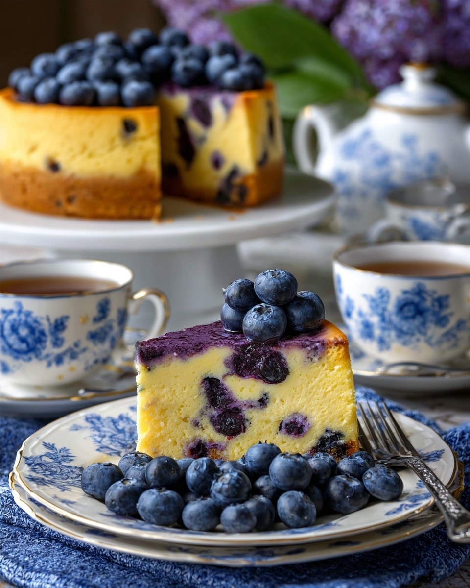 A thick, round cheesecake sits on a white plate over a white marbled surface, with the front slice cut out showing the creamy, smooth inside filled with numerous blueberries. The top layer is golden-baked with a creamy texture and scattered dark purple blueberries embedded and piled in the center, giving a fresh, juicy look. The sides reveal a slightly browned, firm crust that wraps the soft cheesecake filling, and a few loose blueberries rest next to the plate. Photo taken with an iphone --ar 4:5 --v 7