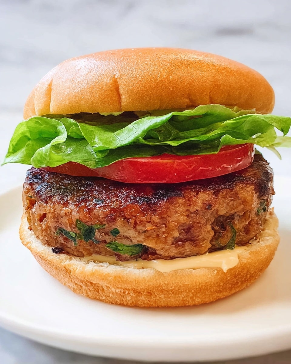A close-up of a burger with three clear layers placed on the bottom half of a soft, light brown bun resting on a white plate. The bottom layer is light beige mayonnaise spread thinly over the bun. Above it is a green leaf of lettuce with a fresh texture and slightly wavy edges. On top of the lettuce is a thick, round slice of bright red tomato with a smooth surface. The top layer is a thick, juicy patty with a well-grilled, browned surface showing patches of green herbs within, glistening with some oil. The background is a white marbled texture. photo taken with an iphone --ar 4:5 --v 7