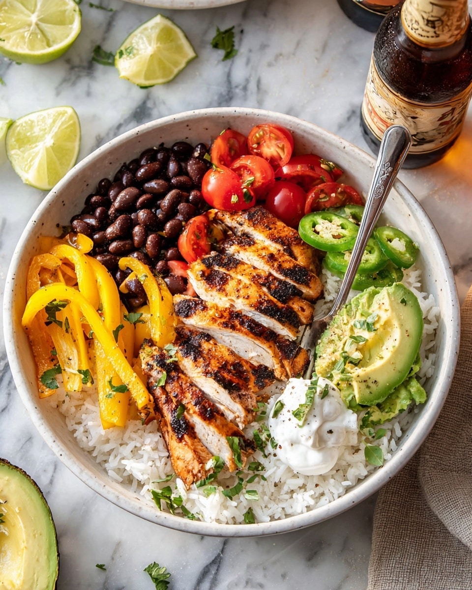 A white bowl filled with a base layer of white rice, topped with sliced grilled chicken breast that is golden brown with visible grill marks, positioned in the center. On the left side, there are bright yellow grilled bell pepper strips, slightly charred. Scattered black beans sit on and around the chicken and rice. On the right side, there are slices of fresh green avocado, dollops of white sour cream, and halved red cherry tomatoes. Thin slices of green jalapeño peppers and small green herb leaves are sprinkled on top as a garnish. A silver fork rests on the right side, touching the avocado and the chicken. The bowl is placed on a white marbled surface with lime wedges and a bottle of amber beer nearby. photo taken with an iphone --ar 4:5 --v 7