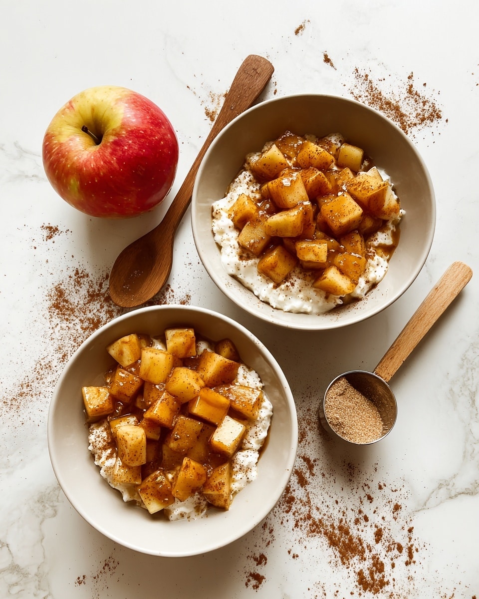 Two white bowls hold a dish with two layers each: the bottom layer is white creamy cottage cheese with a soft, chunky texture, topped with a layer of golden-brown cooked apple cubes coated in cinnamon and spices. The apple pieces have a slightly glazed, shiny look. The bowls sit on a white marbled surface scattered with some cinnamon powder and brown sugar crumbs. Near the top bowl is a whole red and yellow apple, to the left side is a wooden spoon, and on the right side is another wooden spoon and a small metal measuring scoop with a wooden handle containing brown sugar. photo taken with an iphone --ar 4:5 --v 7