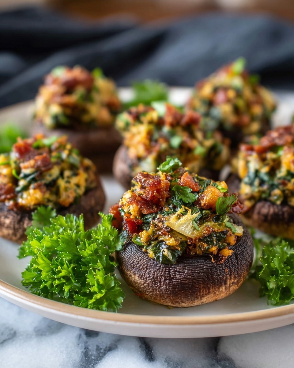 The dish shows several stuffed mushrooms arranged on a white plate, each mushroom cap filled with a colorful mix of finely chopped greens, crispy bits of bacon, and melted cheese, giving a textured look of green, reddish-brown, and creamy orange layers tightly packed on top. The mushroom bases are dark brown and slightly wrinkled, with the filling piled high above the mushroom edge. Fresh green parsley sprigs decorate the side of the plate, which sits on a white marbled surface. The photo taken with an iphone --ar 4:5 --v 7