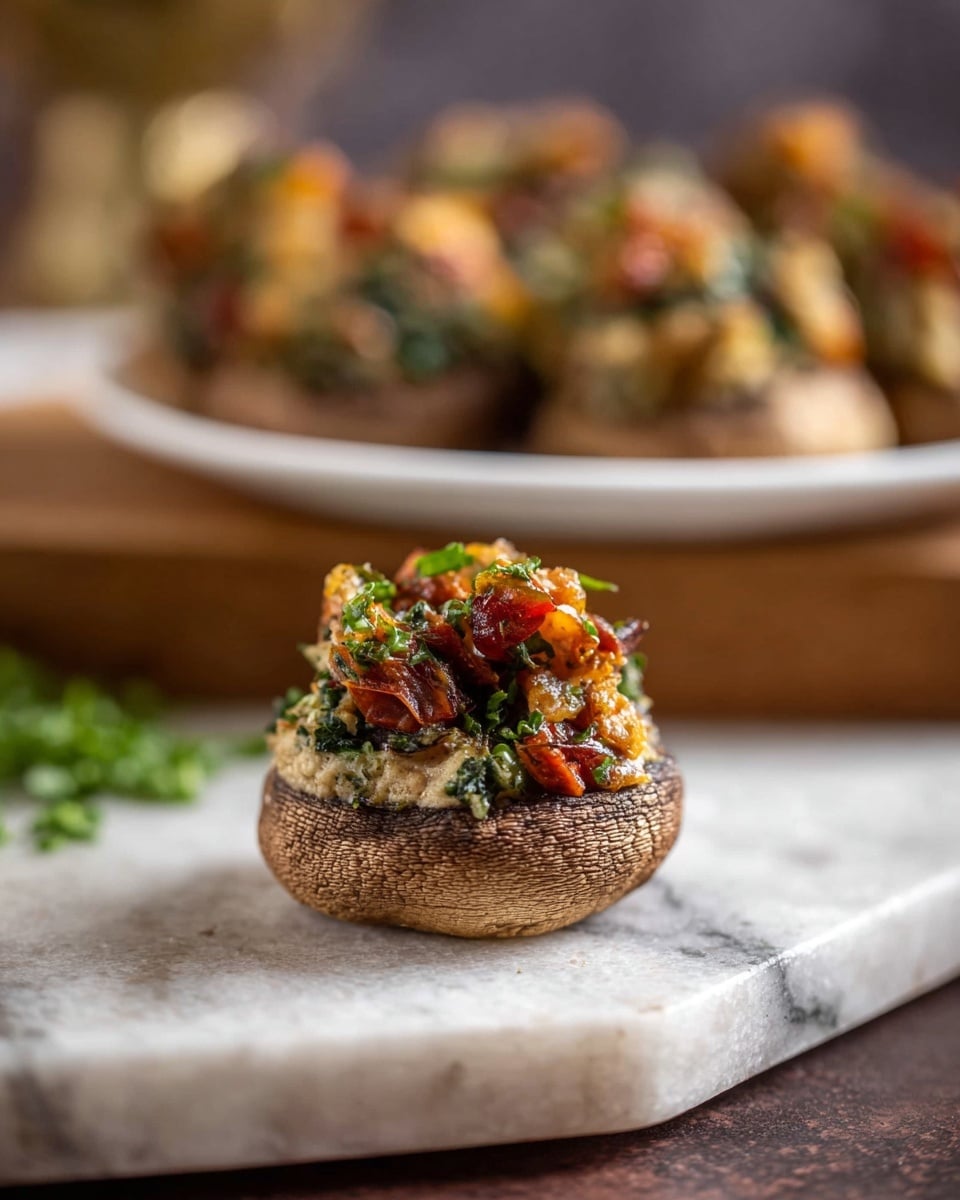 A close-up view of a stuffed mushroom cap placed on a white marbled textured surface, showing three layers: the base layer is the brown mushroom cap with a slightly rough texture; the middle layer is a creamy, light beige filling spread inside the mushroom; the top layer is a colorful mix of sautéed vegetables and herbs, mainly green and orange, with some red tomato pieces, all finely chopped and slightly glossy. In the blurred background, more stuffed mushrooms sit on a white plate on a wooden board. Photo taken with an iphone --ar 4:5 --v 7