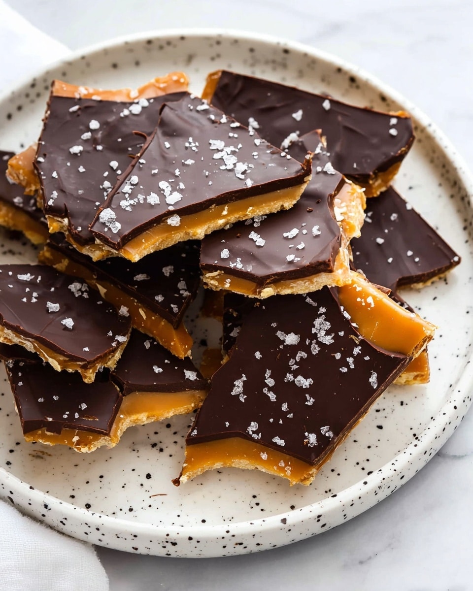 The image shows several pieces of chocolate toffee bark on a white plate with dark speckles, placed on a white marbled surface. Each piece has two visible layers: the bottom layer is a light golden brown with a crunchy texture, and the top layer is a smooth, dark chocolate sheet sprinkled with flakes of white sea salt. The toffee pieces are irregularly broken into medium-sized chunks, showing the sharp contrast between the rich chocolate and the caramelized base. Photo taken with an iphone --ar 4:5 --v 7