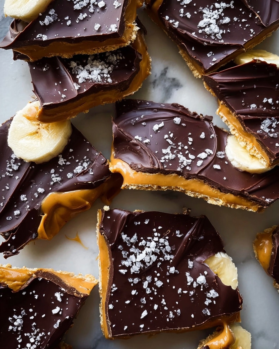 The image shows several irregular pieces of layered bark snacks spread on a white marbled surface. Each piece has three visible layers: a golden brown crunchy base, a smooth light brown peanut butter middle layer, and a thick, glossy dark chocolate top layer sprinkled with coarse white salt flakes. Some pieces have slices of fresh banana peeking out from under the peanut butter and chocolate, adding a creamy white side layer texture. The chocolate layer is shiny with a few subtle cracks and curls, giving a rich, inviting look. Photo taken with an iphone --ar 4:5 --v 7