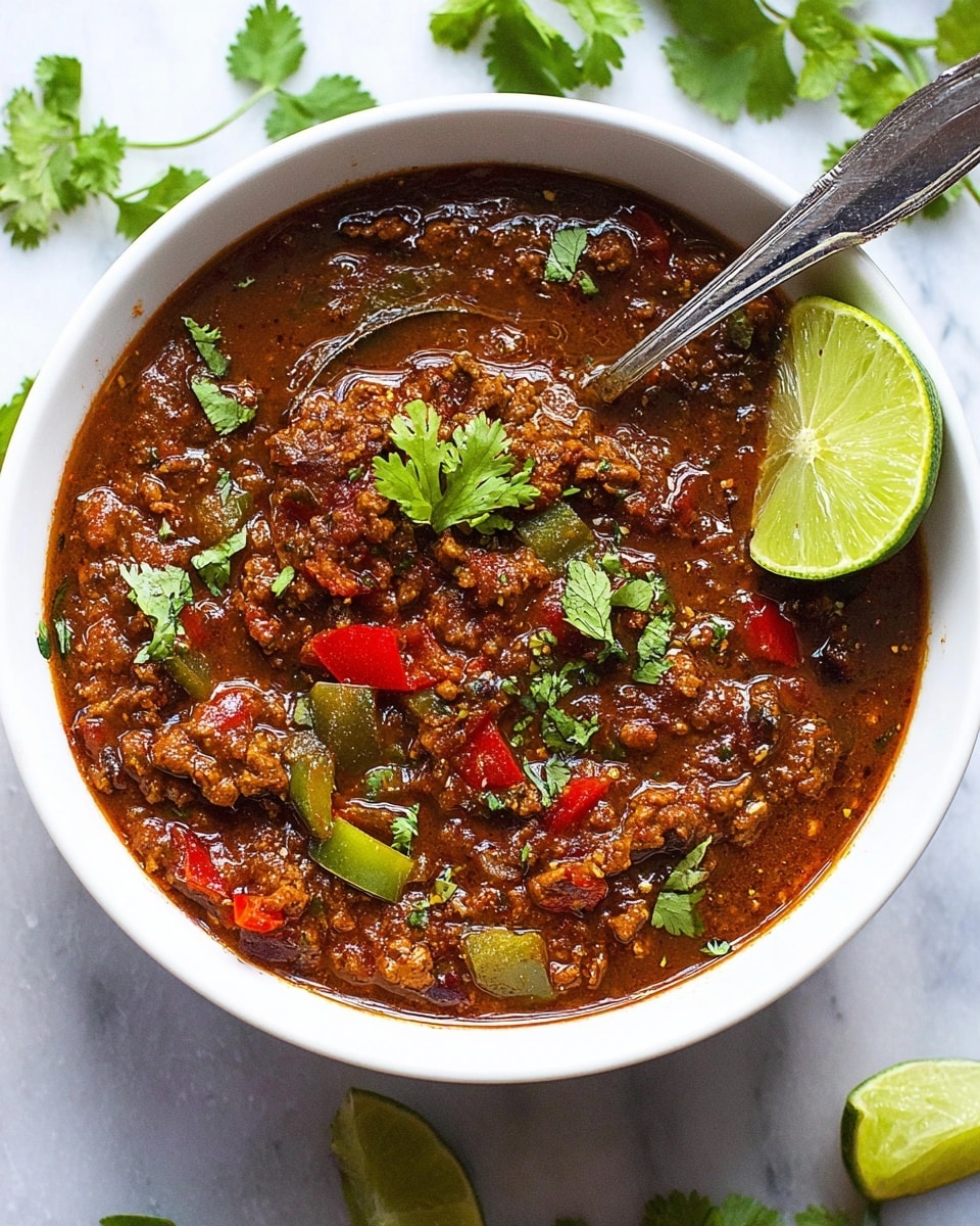 The image shows a white bowl filled with rich, thick chili. The chili has a dark reddish-brown sauce with visible chunks of cooked meat, red and green bell pepper pieces, and small green onion bits mixed throughout. Fresh green cilantro leaves are sprinkled over the top, adding a pop of bright color. A small lime wedge sits on the edge of the chili to the right side of the bowl. A spoon is partially dipped inside, resting near the upper middle of the bowl. The bowl is placed on a white marbled surface with scattered fresh cilantro and lime slices in the background. Photo taken with an iphone --ar 4:5 --v 7