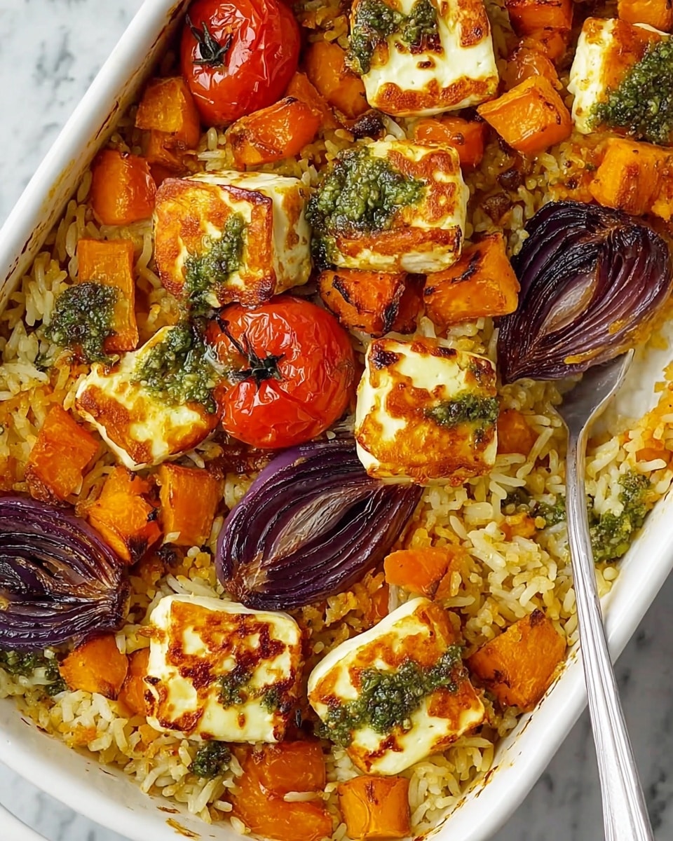 A close-up view of a white rectangular baking dish filled with a layered dish starting with a base of light golden roasted rice grains. On top, there are bright orange roasted butternut squash cubes scattered around, along with deep red roasted cherry tomatoes that have a slightly glossy texture. The dish is also dotted with charred golden-brown cubes of grilled halloumi cheese, some topped with green pesto dollops. Additionally, there are a few caramelized wedges of purple-roasted red onion placed on top, adding a rich color contrast. A silver spoon rests inside the dish on the right side, slightly under a wedge of onion. The dish is photographed on a white marbled surface. photo taken with an iphone --ar 4:5 --v 7