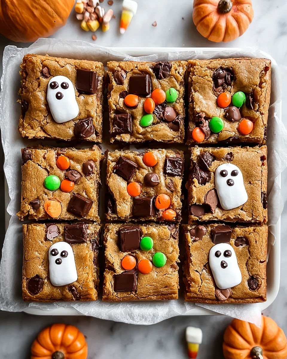A white square tray holds six square cookie bars arranged in two rows of three, with a golden brown, slightly cracked surface showing a soft baked texture. Each cookie bar is topped with colorful candy pieces: dark brown chocolate discs, white candies with black dot centers resembling eyes, bright orange candy corn shapes with small black designs, and a few light green candy drops scattered on some bars. The candies sit embedded in the cookie surface, adding pops of color and texture contrast. Around the tray on a white marbled surface are scattered additional orange candy corns and black candy pieces, creating a festive, playful look. photo taken with an iphone --ar 4:5 --v 7