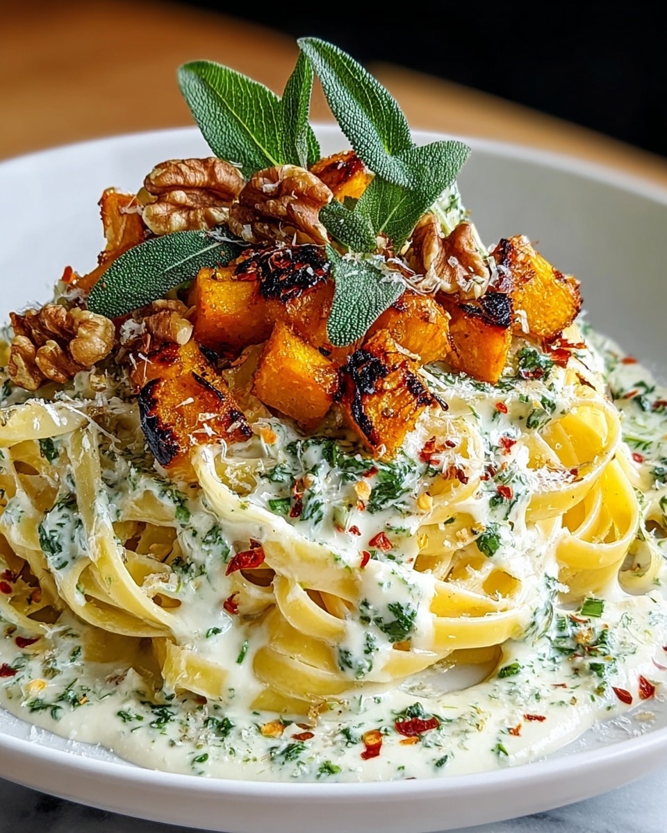A close-up of a white plate filled with three layers of creamy fettuccine pasta. The bottom layer shows twirled light yellow fettuccine noodles. The middle layer has smooth white cream sauce drizzled over the noodles with green herb bits mixed in. The top layer includes golden brown roasted cubes, looks like butternut squash, sprinkled with red chili flakes and grated cheese. A few large toasted walnut pieces and fresh green sage leaves crown the dish. The plate sits on a white marbled surface. Photo taken with an iphone --ar 4:5 --v 7