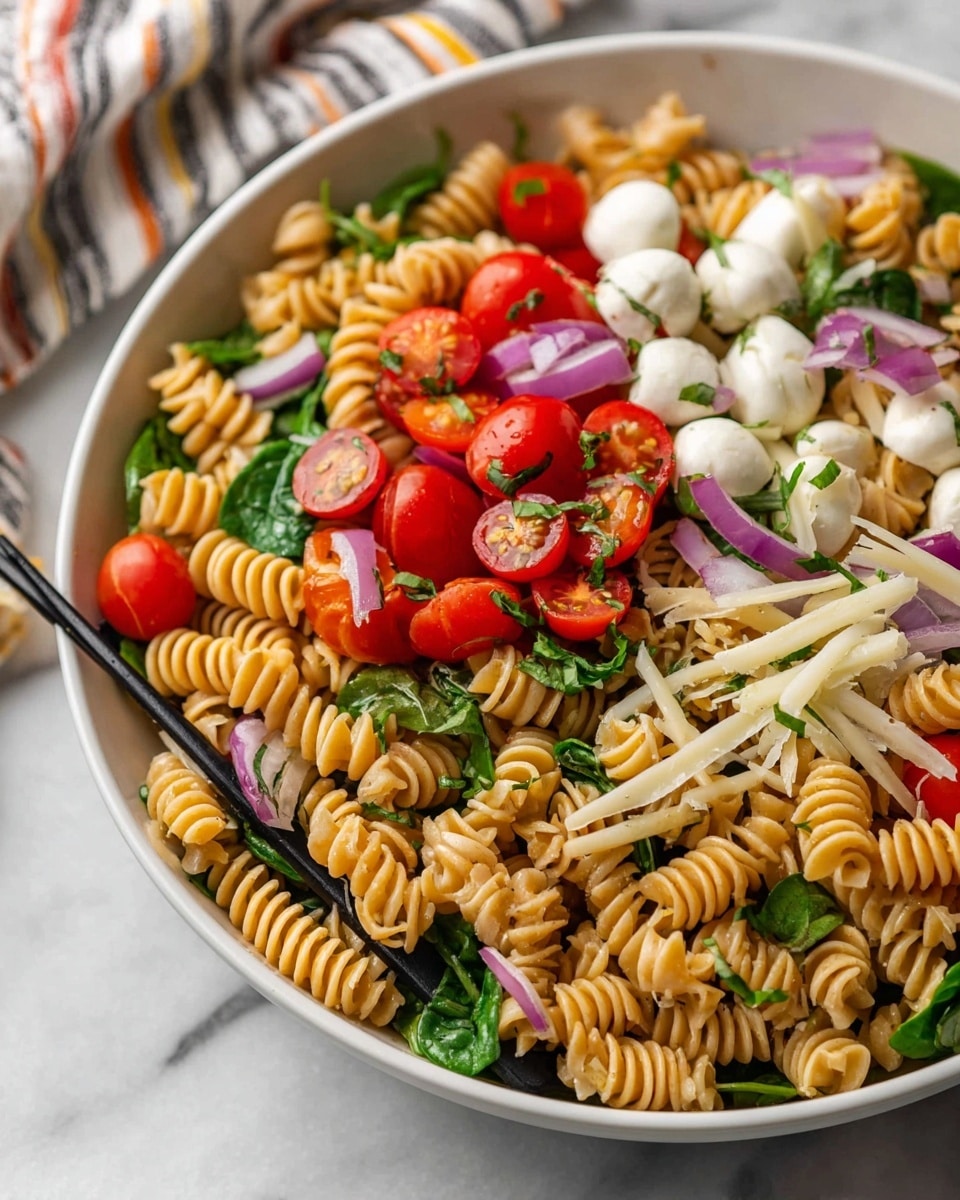 A white bowl holds a colorful pasta salad with three main layers. The base layer is rotini pasta, golden brown and spiraled, spread all over the bowl. On top, scattered pieces of fresh green spinach leaves and chopped red onion add a mix of dark and bright colors. The top layer includes halved bright red cherry tomatoes, small white mozzarella balls, thin pale yellow Parmesan cheese strips, and small green herb leaves, creating a fresh and textured look. Black chopsticks rest on the edge of the bowl. The bowl is placed on a white marbled surface with a soft focus on a striped cloth in the background. photo taken with an iphone --ar 4:5 --v 7
