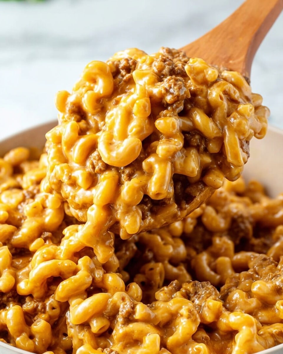 A round white pot filled with creamy macaroni pasta mixed with ground meat, melted yellow cheese layered unevenly on top, and sprinkled with green herbs. A wooden spoon rests inside the pot on the right side, partially submerged in the dish. To the top left outside the pot, fresh green parsley leaves are visible, and to the top right, an orange textured cloth adds a pop of color. The pot is placed on a white marbled surface. photo taken with an iphone --ar 4:5 --v 7