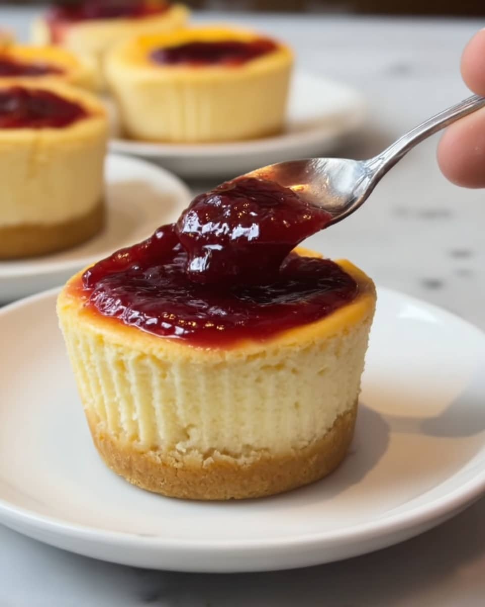 A round cheesecake sits on a white plate, showing its smooth, creamy pale yellow top with a slight golden brown spot near the center. On top of the cheesecake, there is a small pile of fresh red strawberries with green leaves, dusted with a light layer of white powdered sugar. The background is a white marbled surface, and a woman's hand is gently touching one of the strawberries. The photo taken with an iphone --ar 4:5 --v 7