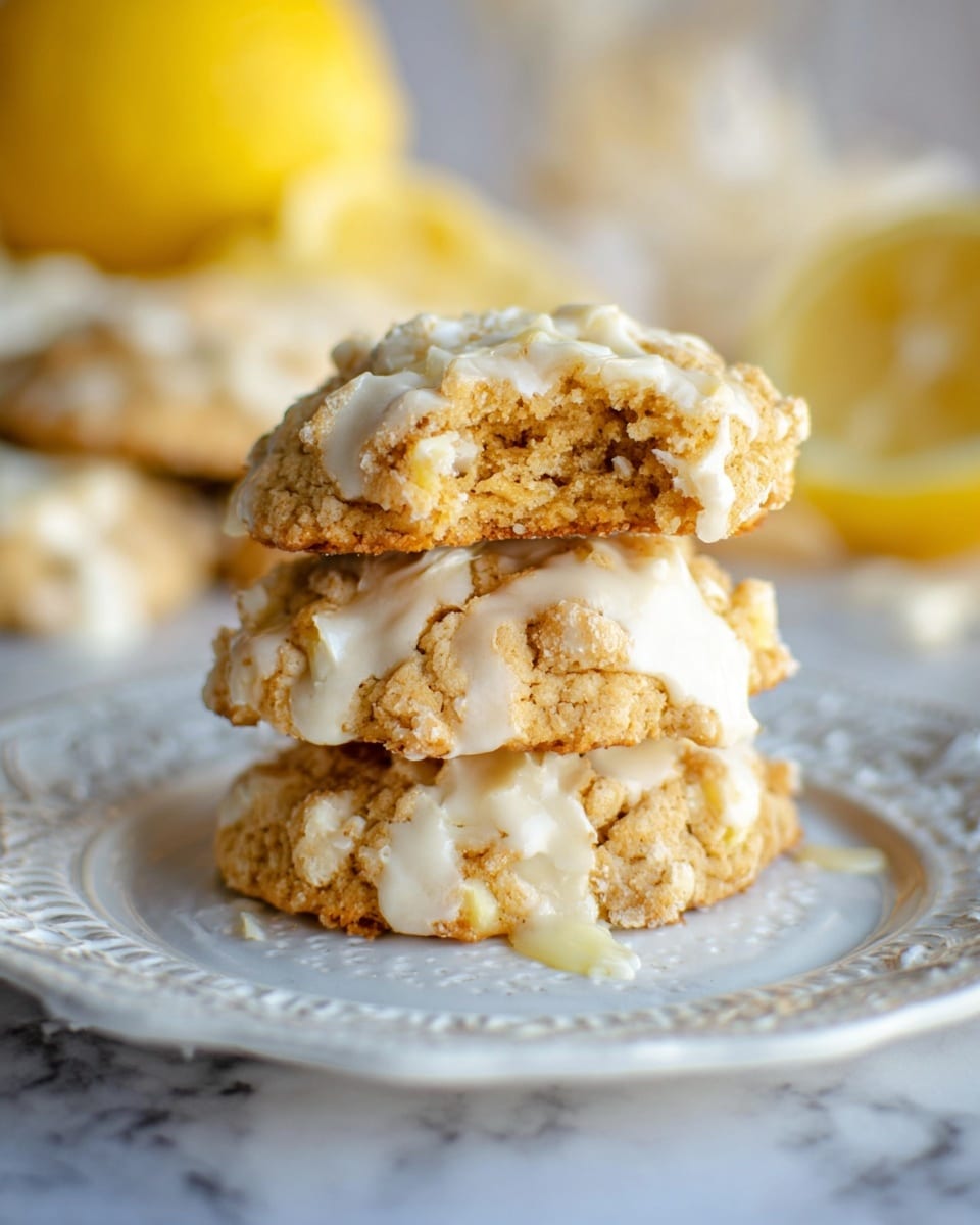 A close-up view of a broken cookie placed on a lace doily on a white marbled surface, showing two layers: a rough, crumbly golden-brown base and chunks of melting white chocolate pieces embedded throughout the cookie and on top. In the background, a white plate stacked with more of the same cookies is slightly out of focus, with scattered white chocolate chunks around. Soft yellow and purple flowers sit gently around the edges, adding a touch of color and warmth to the scene. Photo taken with an iphone --ar 4:5 --v 7