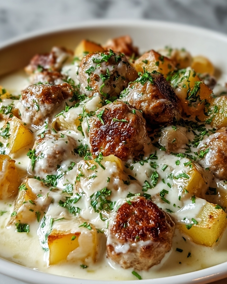 The image shows a close-up of a creamy dish with browned pieces of food. There are about twelve chunks of golden-brown browned potatoes with crispy edges, mixed with similar-sized browned meat pieces that have a rough texture and slightly charred spots. All the pieces sit in a smooth, white creamy sauce that covers the bottom layer. The dish is topped with small green herbs sprinkled evenly across the surface. The creamy layer has a rich and slightly glossy look, contrasting with the textured browned pieces. The dish appears on a white plate, set on a white marbled surface. photo taken with an iphone --ar 4:5 --v 7