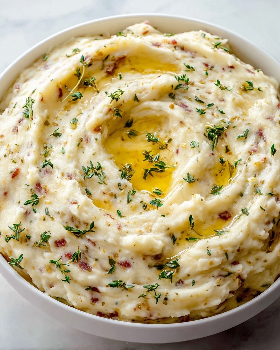 A white bowl filled with creamy mashed potatoes that have small bits of red skin and herbs mixed in, creating a textured look with pale off-white and light red specks throughout; the surface of the potatoes is swirled into five thick, smooth ridges around the bowl, with a pool of melted golden butter sitting in the center. Fresh green thyme sprigs are scattered evenly over the swirls, adding contrast and freshness to the warm dish. The bowl is placed on a white marbled surface. photo taken with an iphone --ar 4:5 --v 7