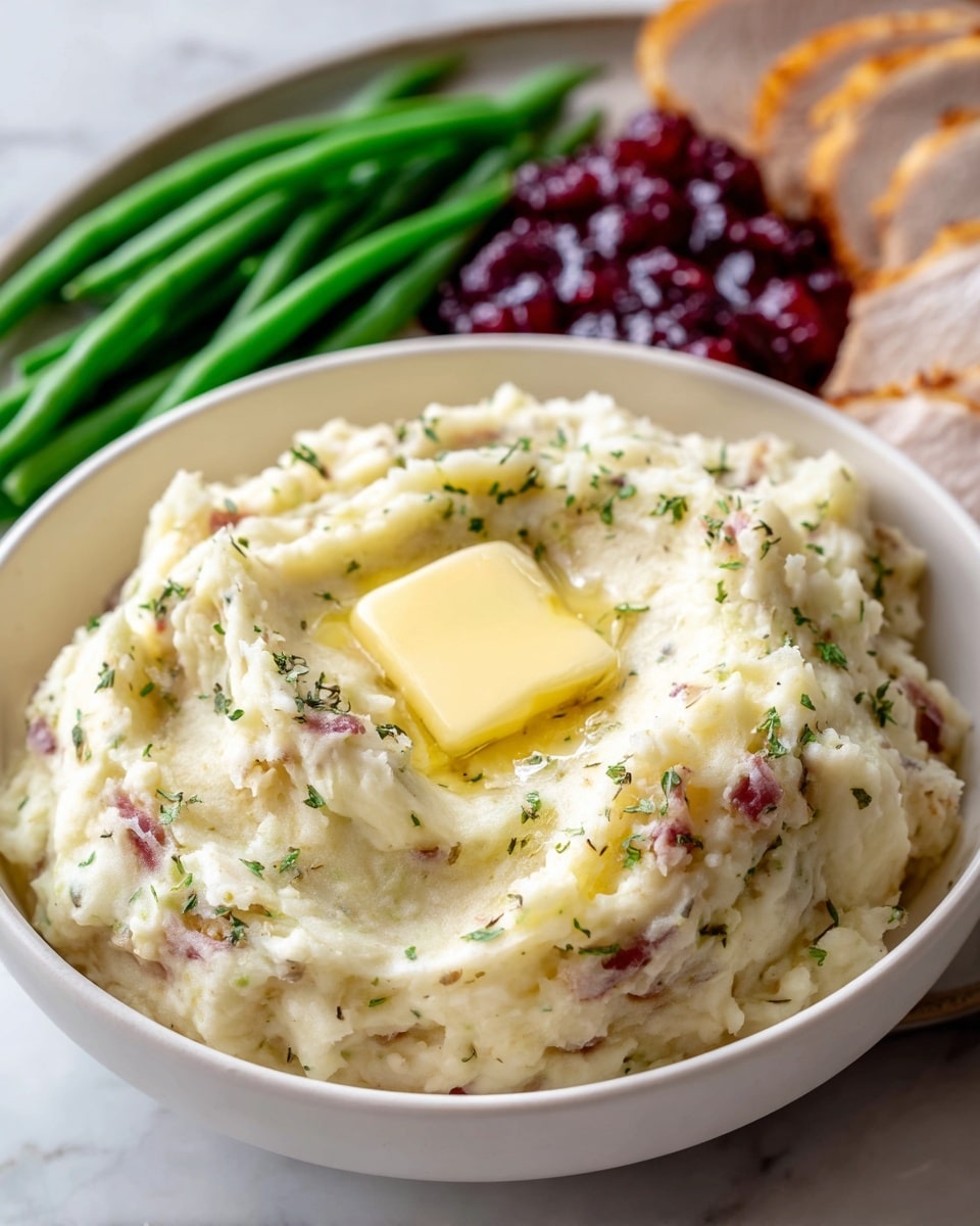 The image shows a white bowl filled with a creamy mound of mashed potatoes mixed with small bits of red skin and green herbs. In the center of the mashed potatoes, there is a melting square of bright yellow butter. Behind the mashed potatoes, there are several fresh, shiny green beans laid side by side and a portion of deep red cranberry sauce. To the right, there are slices of light brown roasted turkey meat. All items sit on a white marbled surface. photo taken with an iphone --ar 4:5 --v 7