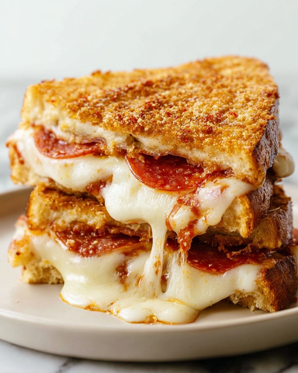 A close-up of a sandwich with three layers: the bottom layer is thick toasted bread with a golden-brown crust, the middle layer has melted white cheese and slices of reddish-brown pepperoni, and the top layer is a golden, crispy, breadcrumb-covered triangle piece with some melted cheese oozing out. The sandwich is placed on a white plate on a white marbled surface, showing melted cheese dripping slightly from the sides. photo taken with an iphone --ar 4:5 --v 7