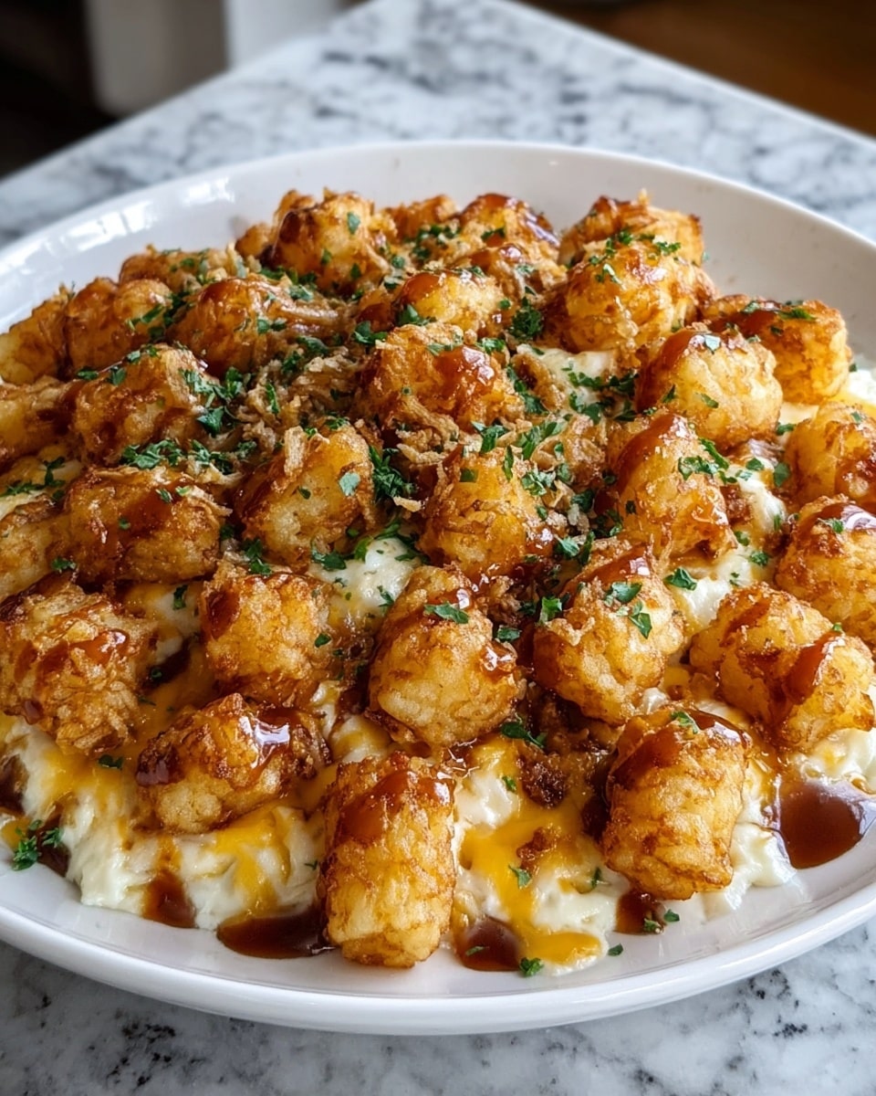The dish shows a white plate filled with one layer of golden brown crispy tater tots arranged close together, each tot covered in a creamy melted cheese sauce that is off-white with a smooth texture. On top, there is a drizzle of dark brown barbecue sauce scattered unevenly, adding a glossy look. Small green chopped herbs are sprinkled evenly over everything, adding a fresh contrast. The plate is set on a white marbled surface, with warm natural light highlighting the textures of the melted cheese and crispy tots. Photo taken with an iphone --ar 4:5 --v 7
