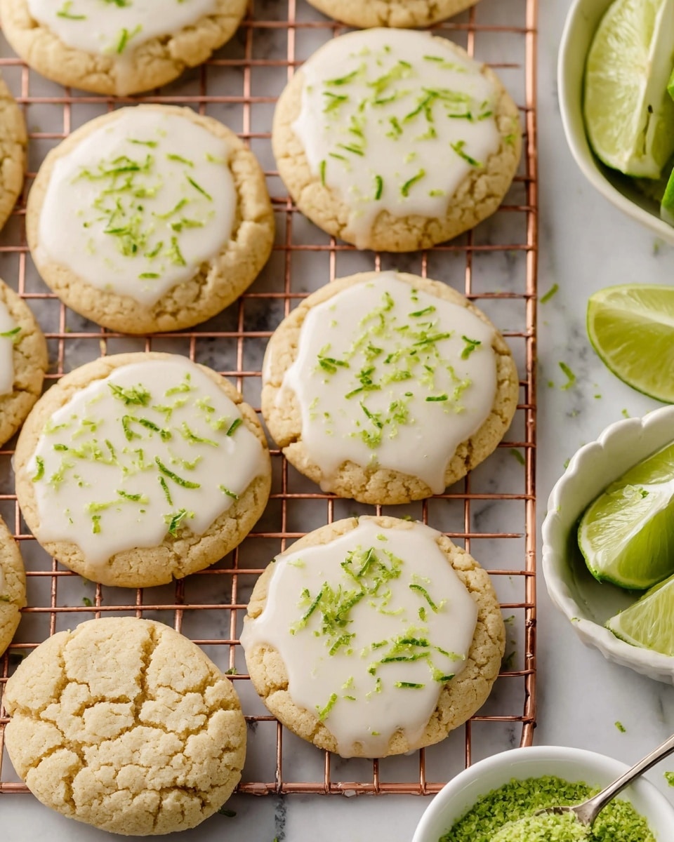 Soft, round cookies with a cracked light tan surface are arranged on a copper wire cooling rack over a white marbled texture. Some cookies are topped with a smooth white glaze layer that covers the whole top, sprinkled unevenly with bright green lime zest shreds. Next to the rack, there is a white bowl with lime wedges and another white bowl filled with grated lime zest. A spoon with white glaze and lime zest rests near the bottom edge of the image. photo taken with an iphone --ar 4:5 --v 7