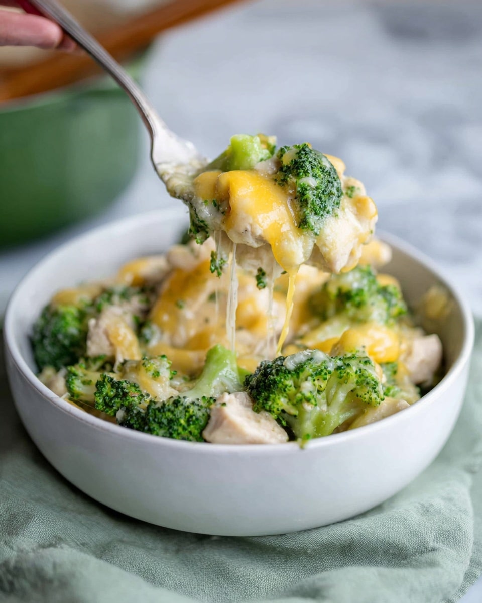 A close-up of a white bowl filled with a mixture of bright green broccoli florets and light-colored chicken pieces, all covered in melted, stretchy yellow cheese. A silver fork held by a woman's hand lifts a bite showing the creamy melted cheese pulling apart. The bowl sits on a pale green cloth with a blurred pot and wooden spoon in the white marble textured background. photo taken with an iphone --ar 4:5 --v 7