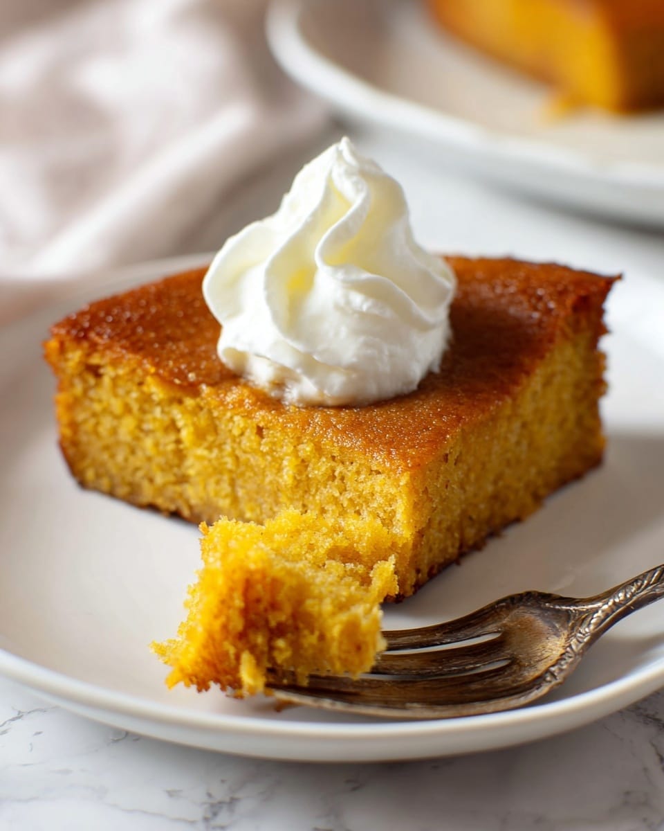 A full baking pan holds nine evenly cut square pieces of soft, golden-yellow cornbread with a smooth, slightly crumbly top layer. The pan is dark gray and rests on a checkered cloth with shades of beige and brown. In the background, a stack of two white plates with two silver forks crossing each other is softly blurred, all set on a white marbled surface. Photo taken with an iphone --ar 4:5 --v 7