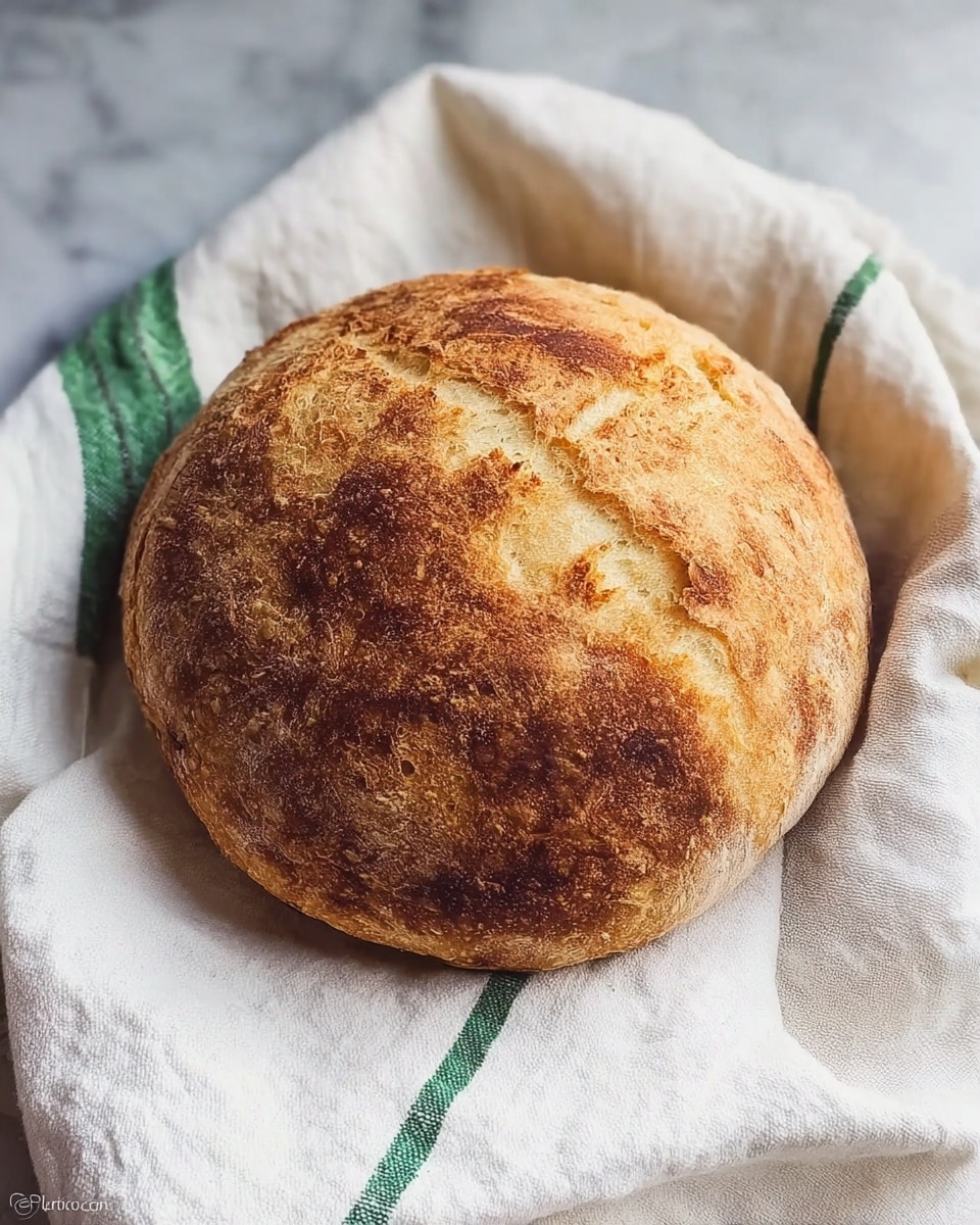 A round loaf of bread with a golden brown crust that has darker toasted spots, showing a rough and slightly cracked texture on top. The bread is placed on a white cloth with a green stripe, which lies on a white marbled surface. The cloth is softly wrinkled around the bread, adding a casual and homey feel to the image. photo taken with an iphone --ar 4:5 --v 7
