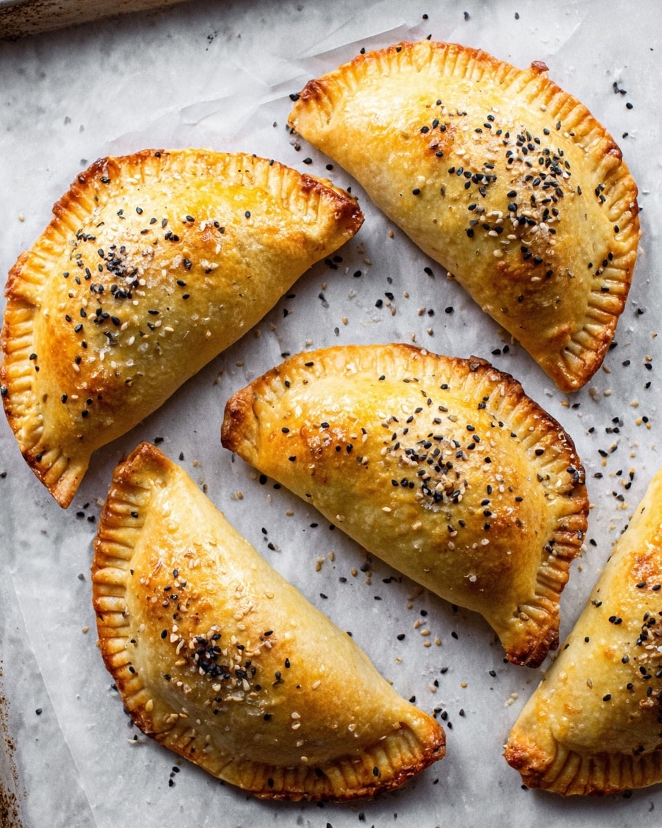 Five baked golden brown empanadas are arranged on white baking paper on a baking tray. Each empanada is half-moon shaped with crimped edges, and they are topped with a mix of black and white sesame seeds as well as coarse salt. The crust looks flaky and slightly shiny, giving a fresh-out-of-the-oven impression. The background is a white marbled texture, enhancing the warm color of the empanadas. photo taken with an iphone --ar 4:5 --v 7