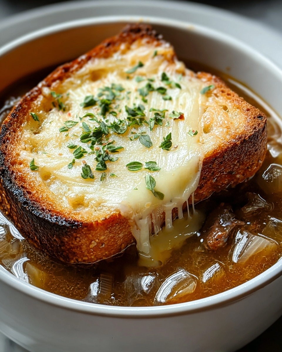 A white bowl filled with golden brown onion soup, visible softened onion slices floating in the broth, topped with a thick slice of toasted bread that shows dark toasted edges and a crunchy texture. On top of the bread, there is a layer of melted creamy cheese that is slightly browned in spots, with small browned meat pieces spread across the cheese. Some fresh green herb sprigs are scattered on the cheese, adding a splash of color. The cheese is melting over the side of the bread into the soup below. Photo taken with an iphone --ar 4:5 --v 7