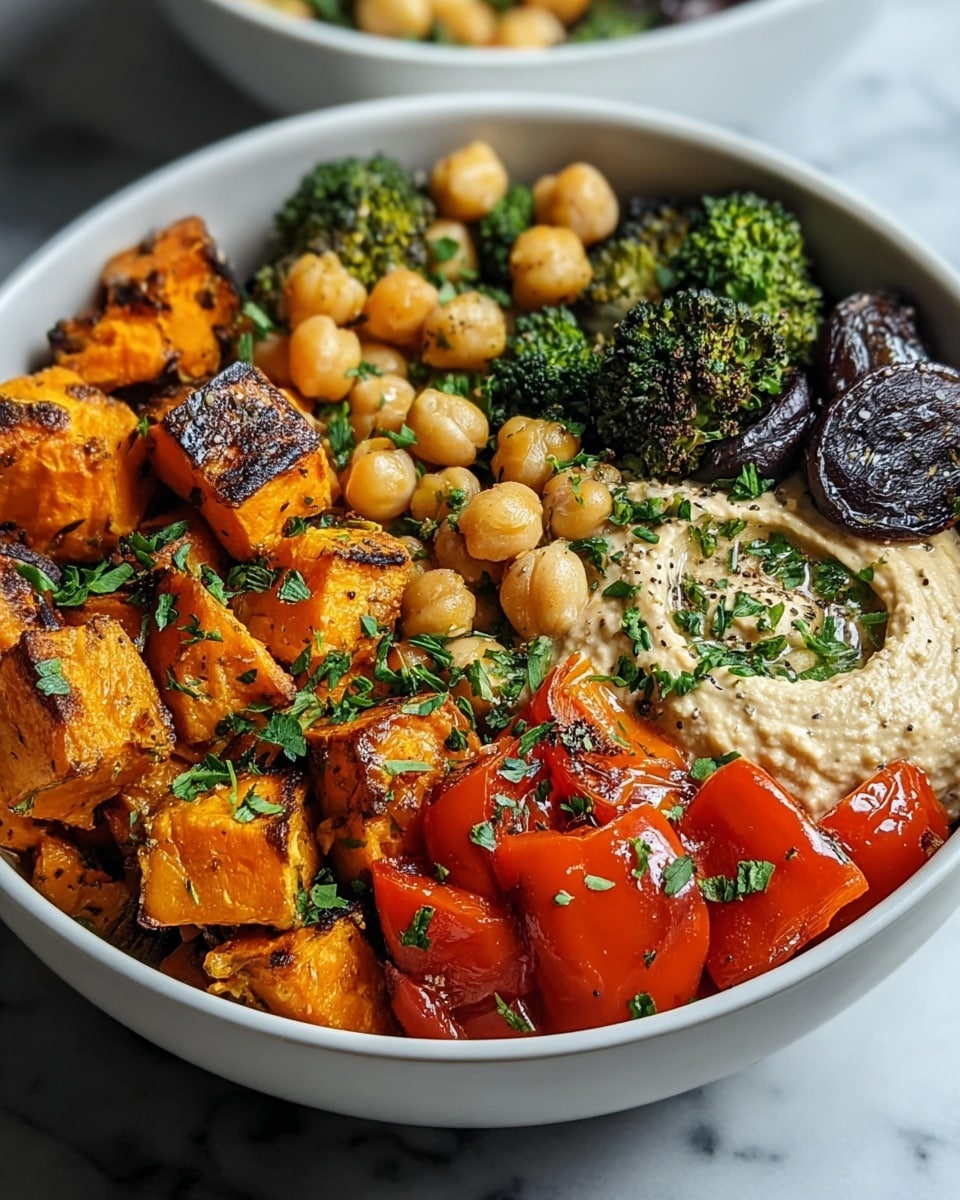 A white bowl filled with a layered mix of roasted vegetables and chickpeas. The bottom layer shows bright orange cubes of roasted butternut squash and dark green slices of zucchini, both with a slightly crispy, browned texture. Scattered over are light beige, round chickpeas that add a soft texture contrast. The top is drizzled with a creamy, off-white sauce speckled with black pepper, and small bits of chopped green herbs are sprinkled across the dish, giving it a fresh look. The bowl sits on a white marbled surface, with some blurred greenery in the background. photo taken with an iphone --ar 4:5 --v 7